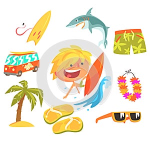 Boy Surfer Extreme Sportsman, Kids Future Dream Professional Occupation Illustration With Related To Profession Objects