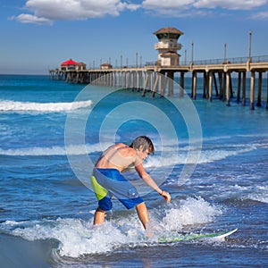 Boy surfer surfing waves on Huntinton beach