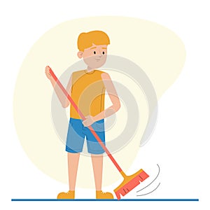 Boy sweeping the floor using broom isolated