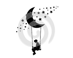 Boy on a swing on moon with stars, vector illustration