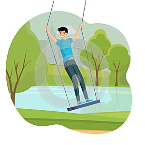 Boy swinging flat illustration. Boy having fun outdoor in the city park near the lake vector concept.