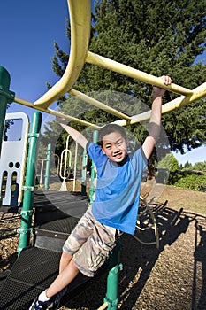 Boy Swinging on Jungle gym - Vertical