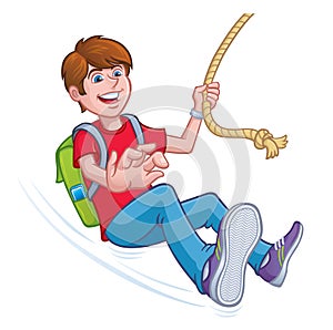 Boy Swinging On A Rope with A Backpack