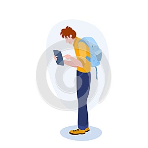 Boy With Tablet illustration. Boy, gadget, t-shirt, backpack. Editable vector graphic design.
