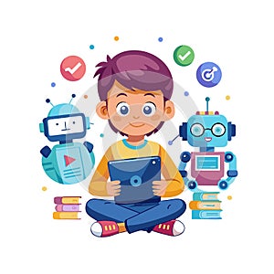 Boy with Tablet and Robots Learning Programming, Coding, and Artificial Intelligence