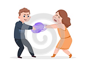 Boy takes bag from girl. Bad schoolboy behavior, angry guy. Raised and offended cartoon children vector illustration