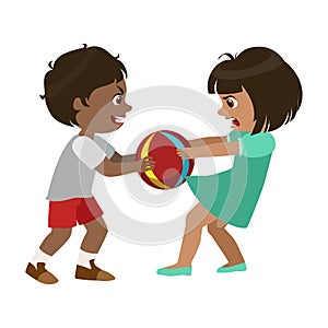 Boy Taking Away A Ball From A Girl, Part Of Bad Kids Behavior And Bullies Series Of Vector Illustrations With Characters