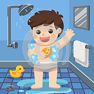 A boy taking a shower in bathroom.