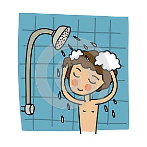 Boy taking a shower doodle icon, vector color illustration