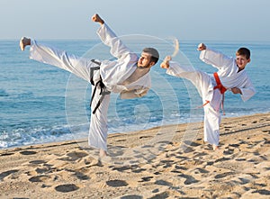 boy and a teacher are practicing karate