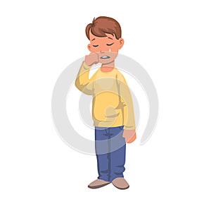 Boy in tears, crying character. Upset kid in yellow sweater. Flat vector illustration. Isolated on white background.