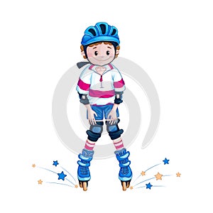 Boy teenager in a blue helmet knee learns to ride roller skates. Children in the sport.