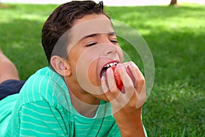 Boy teenager eating red apple on garden grass