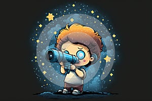 a boy with a telescope looking through the stars on a black background with stars in the sky behind him and a blue sky with stars