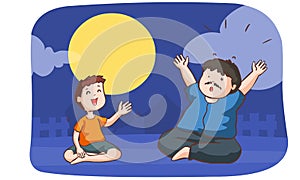 Boy tell shock story to a man in full moon night