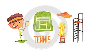 Boy Tennis Player and Sport Related Objects Set, Tennis Court, Winner Cup, Judge Chair Cartoon Vector Illustration