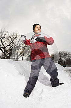 Boy throwing snowball.