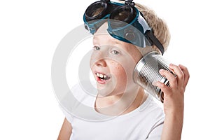 Boy on tin can phone listening
