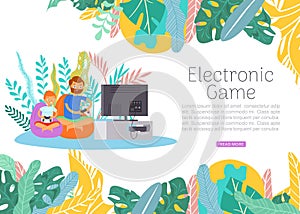 Boy together with father play electronic video games, dad and son gamers cartoon web template vector illustration.