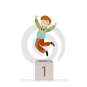 Boy took first place in sports. Award Ceremony Gold Medal winner. Flat character isolated on white background. Vector