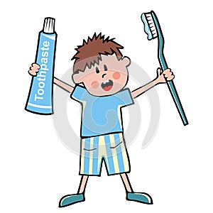 Boy, toothpaste and toothbrush, vector illustration