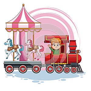 Boy in train with carrousel