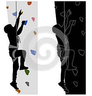 Boy training on climbing rock wall silhouette - vector
