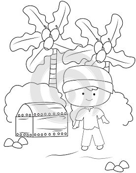 Boy with a treasure chest coloring page