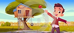 Boy, treehouse and swing in garden yard cartoon