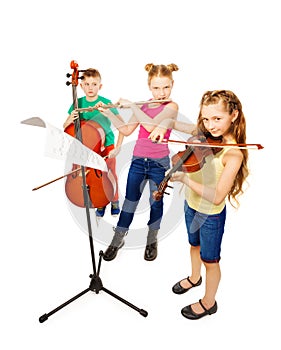 Boy and two girls playing on musical instruments