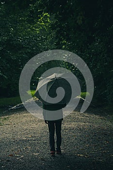 boy with an umbrella in a forest when there is bad weather