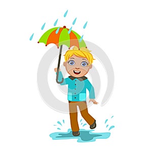 Boy Under Raindrops With Umbrella , Kid In Autumn Clothes In Fall Season Enjoyingn Rain And Rainy Weather, Splashes And