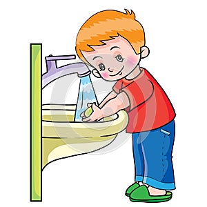 Boy under running water in the washstand washes his hands with soap, cartoon illustration, isolated object on white background,
