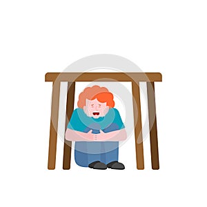 Boy is under table. Baby scared. Vector illustration