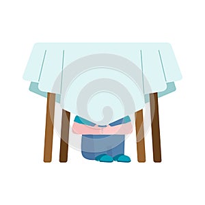 Boy is under table. Baby scared. Vector illustration