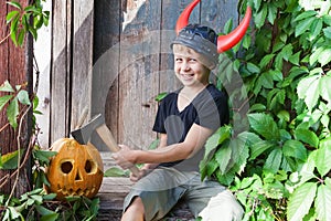 Boy in Viking helmet with horns