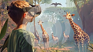 Boy in virtual reality headset standing in front of giraffe