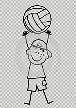 Boy and volleyball ball, transparent design, checkered background, eps.