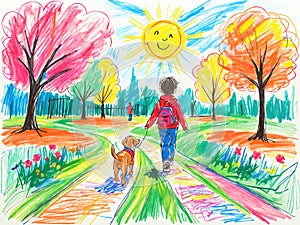 boy on a walk with dog springtime sunny park - kid child style crayon drawing painting
