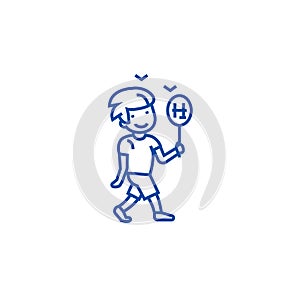 Boy walking with candy line icon concept. Boy walking with candy flat  vector symbol, sign, outline illustration.