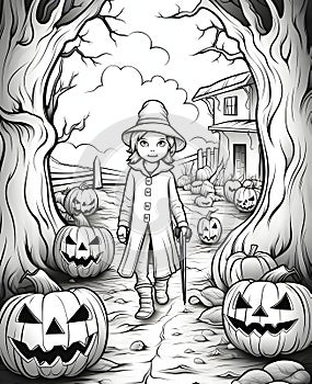 A boy walking with a cane, jack-o-lantern pumpkins, trees and an old house, Halloween black and white picture coloring book