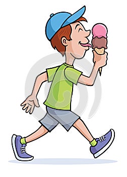 Happy Boy Walking And Licking Two Scoop Ice Cream Cone