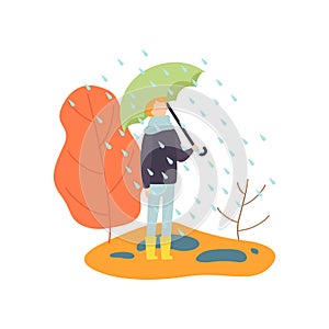 Boy Walking in Rain Under Umbrella, Autumn Season Vector Illustration