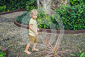 Boy Walking On A Textured Cobble Pavement, Reflexology. Pebble stones on the pavement for foot reflexology