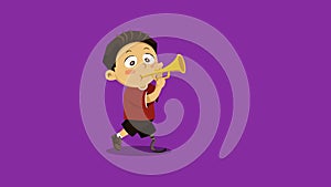 Boy walking with trumpet. Animation of music parade cartoon character