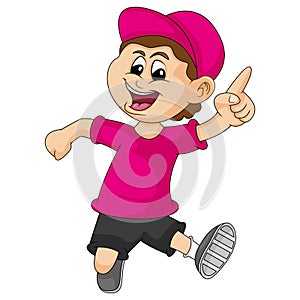 The boy walks casually while pointing his finger cartoon vector illustration