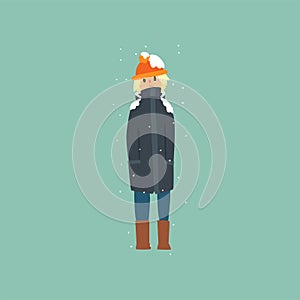 Boy in warm clothes freezing and shivering on winter cold vector Illustration