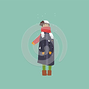 Boy in warm coat and scarf freezing and shivering on winter cold vector Illustration