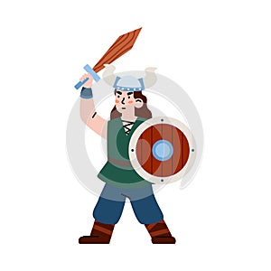 Boy warrior viking in horned helmet holding sword and shield