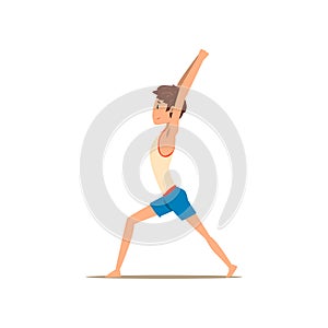 Boy in Warrior yoga pose, Virabhadrasana, rehabilitation exercise for back pain and improving posture vector